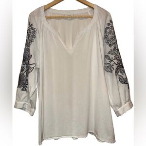 J Jill Pure Jill 100% Cotton Gauze Embroidered White Peasant Top XL Coastal Boho